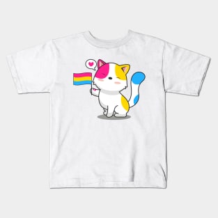 Cute Cat Holding Pansexual Pride Flag Kids T-Shirt